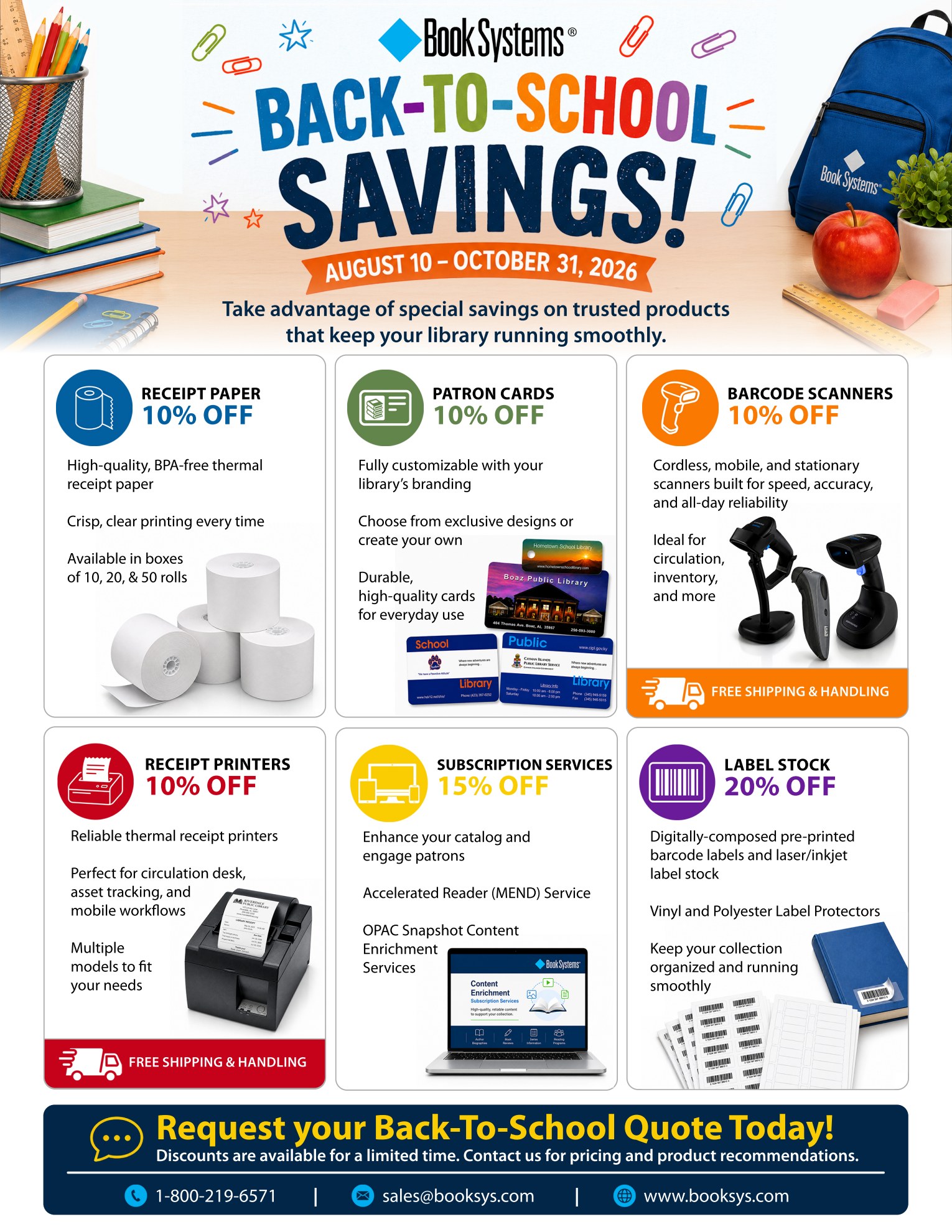 Back-to-School 2026 Savings flier: up to 20% off receipt paper, patron cards, barcode scanners, receipt printers, subscription services, and label stock