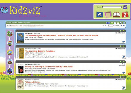 KidZviZ OPAC Screen with Search Results